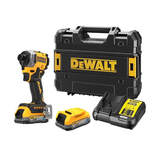 DEWALT 18V tool kit with impact driver, battery, charger, and black carrying case, all branded in yellow.