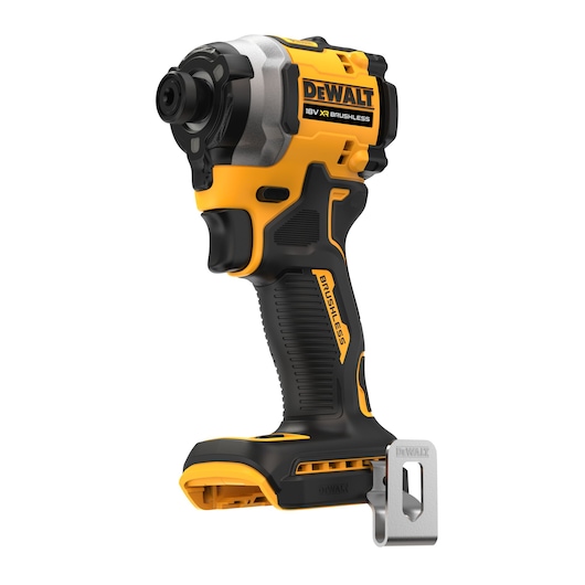 DEWALT 18V cordless brushless impact driver in yellow and black, shown without battery.