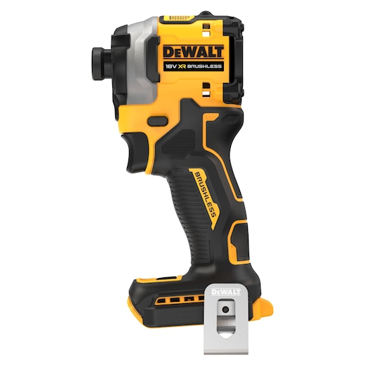 DEWALT 18V XR brushless impact driver in black and yellow, side view, no battery attached.