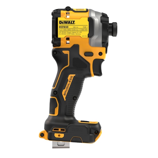 DEWALT DCF850 18V cordless impact driver shown in profile, black and yellow, brushless, no battery attached.