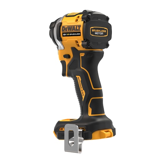 DEWALT 18V XR brushless cordless impact driver with black and yellow body and metal belt clip.