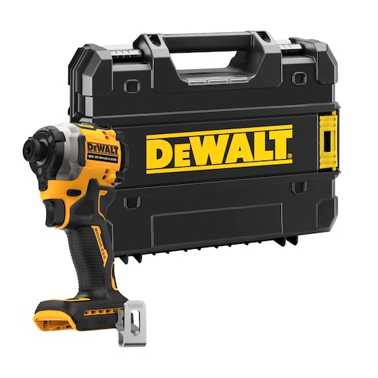 DEWALT cordless impact driver with a black carrying case behind it, both featuring yellow DEWALT branding.
