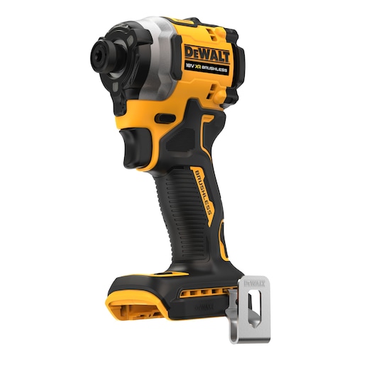 A DEWALT 18V XR Brushless cordless impact driver, shown in a yellow and black color scheme, with a metal belt clip attached at the base.