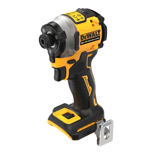 A DEWALT 18V XR brushless cordless impact driver, shown in black and yellow colors, without a battery attached. The tool features ergonomic grip, a metal belt clip, and visible DEWALT branding and specifications on its body.