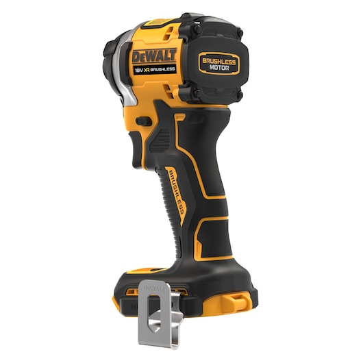 A DEWALT 18V XR brushless motor cordless impact driver, model DCF850N, shown standing upright on a white background. The tool is yellow and black with a metal belt clip attached at the base.