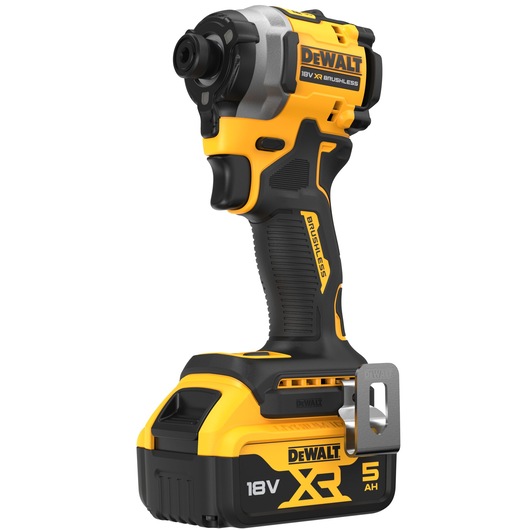 DEWALT 18V XR brushless cordless impact driver with 5Ah battery and belt clip, shown in yellow and black.