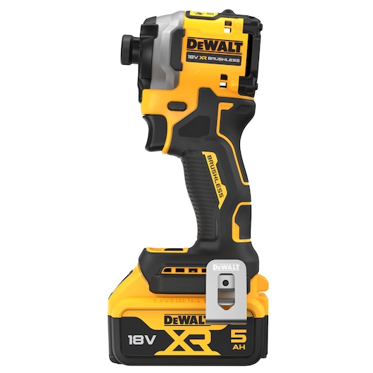 DEWALT 18V XR brushless impact driver, yellow and black, shown upright with a 5Ah battery attached.