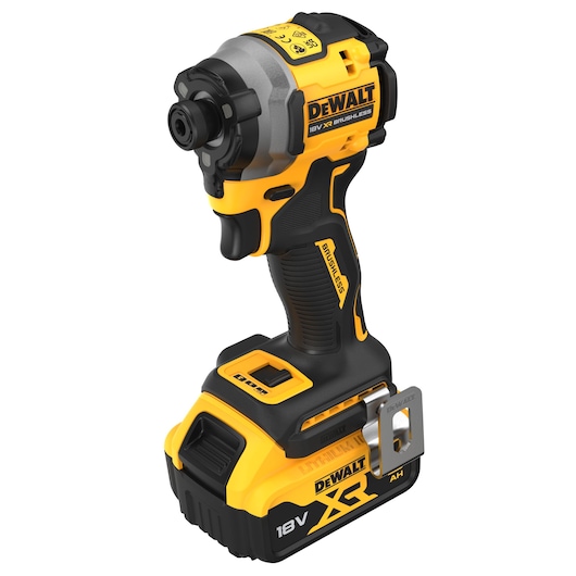 DEWALT 18V XR brushless impact driver with battery, black and yellow cordless power tool on white background.