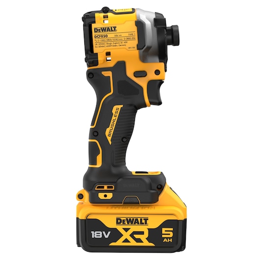 DEWALT DCF850P2T cordless impact driver with 18V XR 5Ah battery, shown in side profile, yellow and black design.