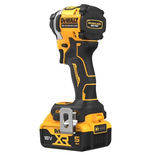 DEWALT DCF850P2T 18V XR brushless impact driver with 5Ah battery, shown upright and side view.