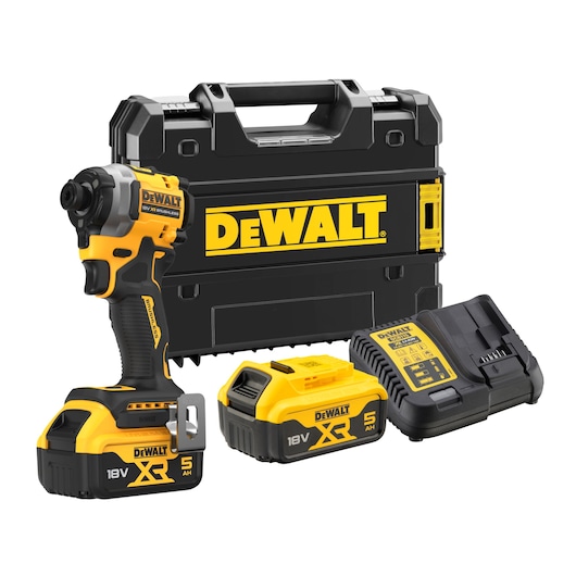 DEWALT 18V XR impact driver with two batteries, charger and carrying case.
