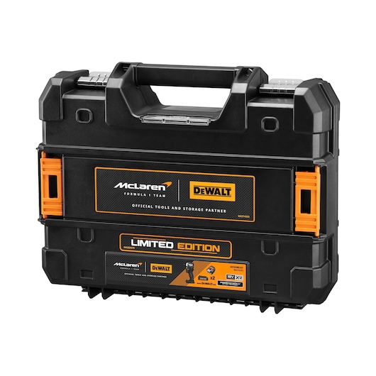 Limited edition DEWALT tool case in black with orange accents, featuring McLaren Formula 1 Team branding and labeled as an official tools and storage partner.