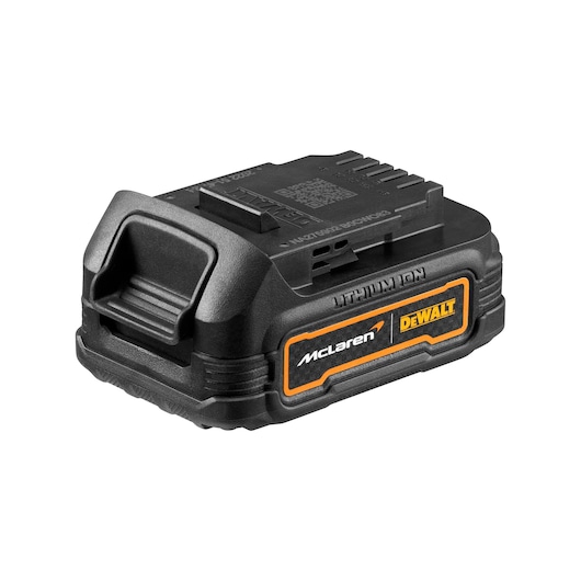 A DEWALT lithium-ion battery with McLaren branding, black and yellow, shown isolated on a white background.
