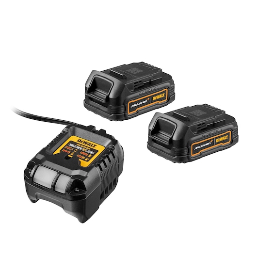 The image shows a DEWALT product consisting of a battery charger and two rechargeable batteries. All components are black with yellow DEWALT branding, and the batteries are labeled 'McLaren'.