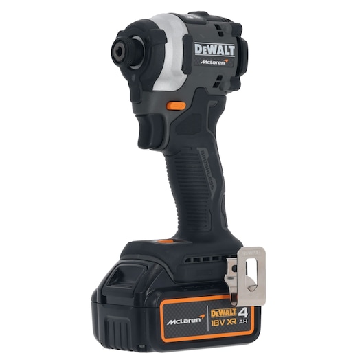 DEWALT cordless impact driver with McLaren branding, 18V XR with 4AH battery, black and orange details.