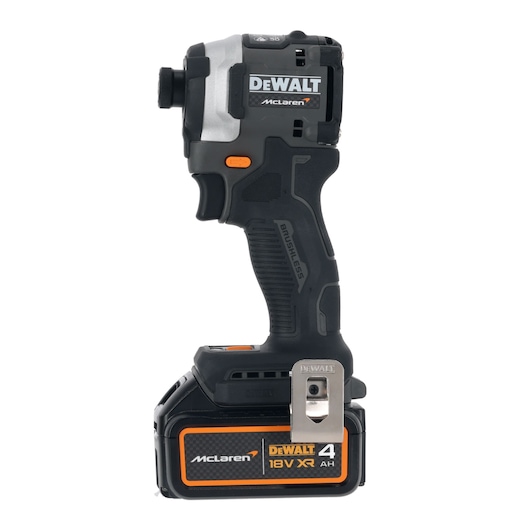 DEWALT cordless impact driver with 18V XR 4Ah battery, McLaren edition, black and orange design.