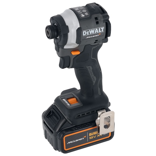 DEWALT 18V cordless impact driver with McLaren branding and brushless motor, shown standing upright.