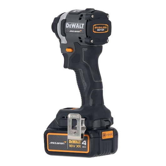DEWALT cordless impact driver with 18V battery and brushless motor, black and orange accents, upright view.