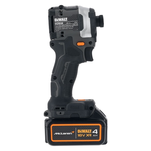 DEWALT DCF85MM1T cordless power tool with McLaren branding and 18V XR 4Ah battery, side view.