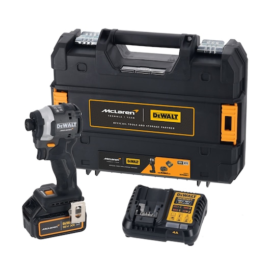 DEWALT cordless impact driver kit with case, battery, and charger, McLaren branding, black and orange color.