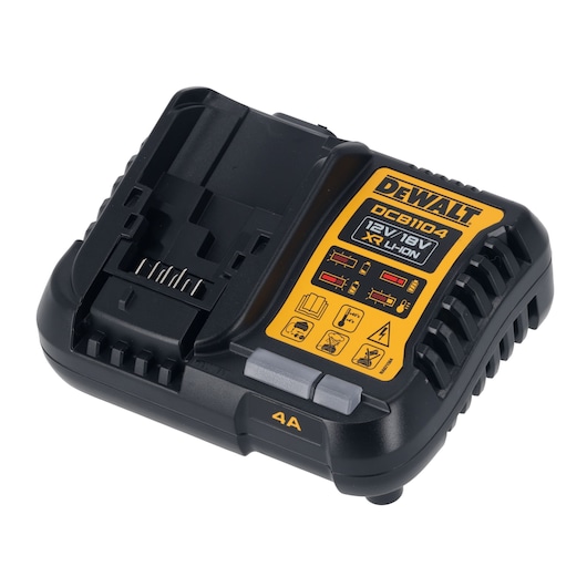 DeWalt DCB1104 charger for 12V/18V XR Li-Ion batteries, black with yellow label, compact design.