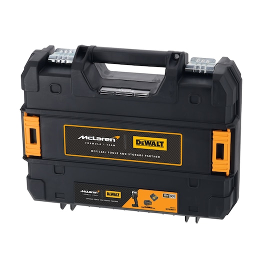 DEWALT DCF85MM1T black tool case with McLaren branding and orange accents, portable carry handle.
