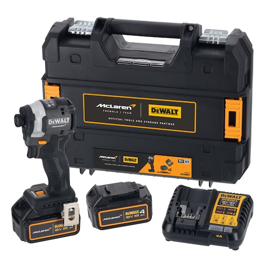 DEWALT tool set with impact driver, two batteries, charger, and carrying case. McLaren branding is visible.