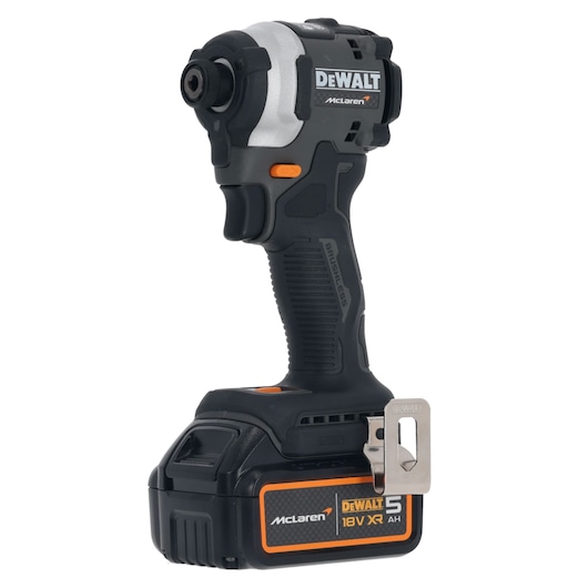 Cordless DEWALT McLaren impact driver with 18V XR battery, black and orange design, brushless motor.