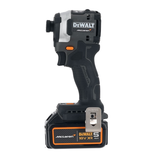 DEWALT McLaren 18V XR cordless impact driver with black and orange accents and 5Ah battery.