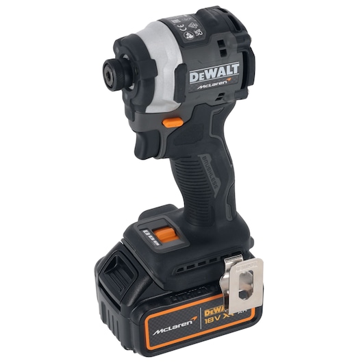 DEWALT McLaren 18V cordless impact driver with black and orange design, brushless motor, and belt clip.