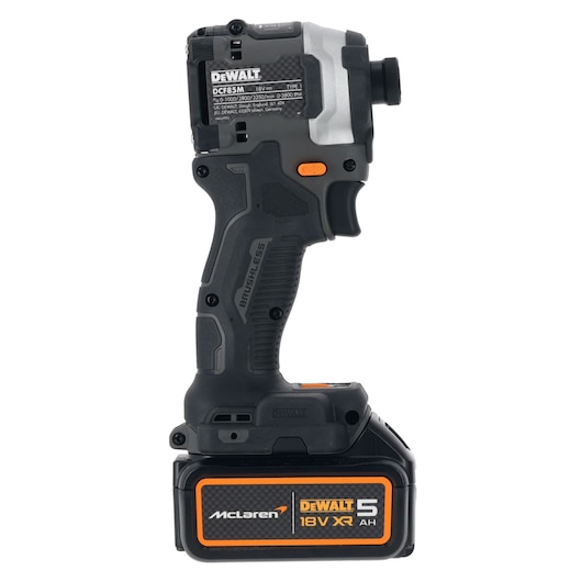 DEWALT DCF85MP2T cordless impact driver with McLaren 18V XR 5Ah battery, brushless and compact design.