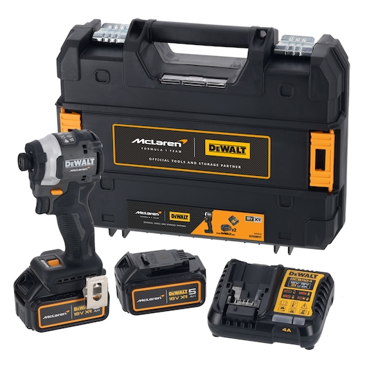 DEWALT tool kit with impact driver, two batteries, charger, and black carrying case with McLaren branding.
