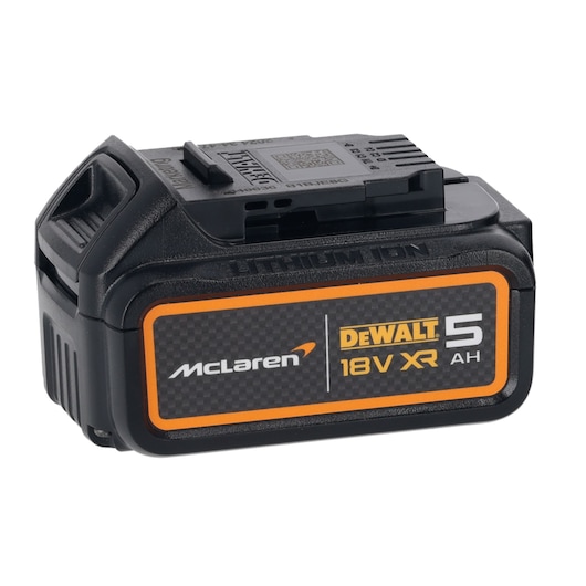 DEWALT McLaren 18V XR 5Ah lithium-ion battery for power tools, black with orange details.