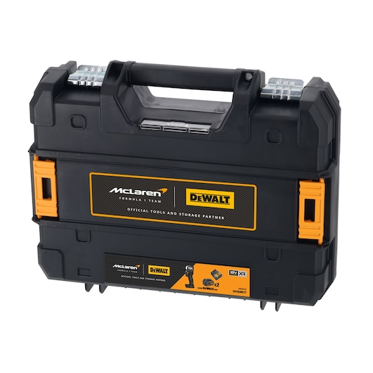 DEWALT McLaren branded black tool case with orange accents and sturdy handle, suitable for storing tools.
