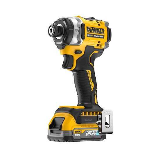 DEWALT 18V XR brushless impact driver with POWERSTACK battery, shown upright on a white background.