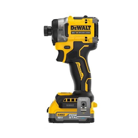 DEWALT 18V XR brushless cordless impact driver with POWERSTACK battery, shown side view.
