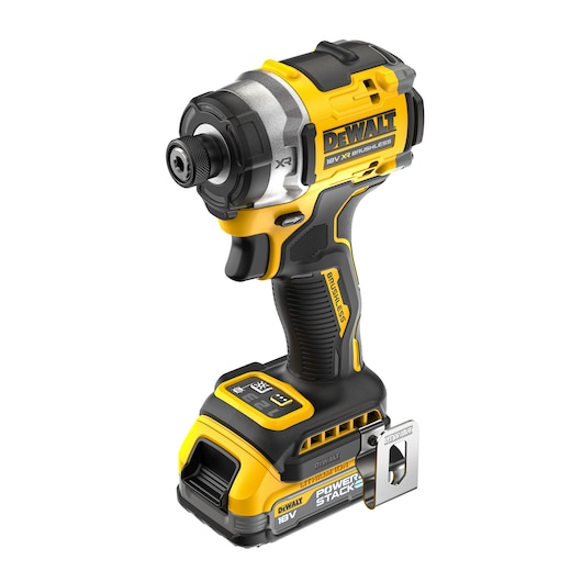 Cordless DEWALT 18V impact driver with brushless motor and Powerstack battery, yellow and black design.
