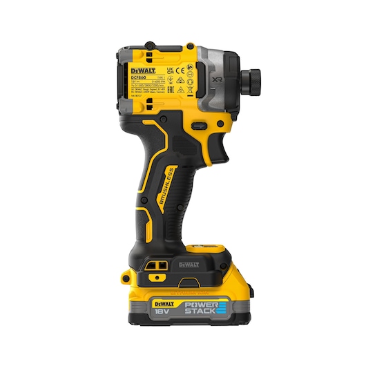 DEWALT DCF860E2T 18V cordless brushless impact driver with POWERSTACK battery, yellow and black, side view.