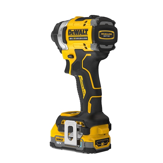DEWALT 18V XR brushless impact driver with black and yellow grip and battery base, side view.