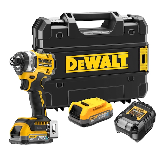DEWALT XR cordless impact driver kit with case, two batteries, and charger shown.