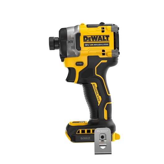 DEWALT DCF860NT 18V XR brushless impact driver shown with yellow and black body and metal clip.