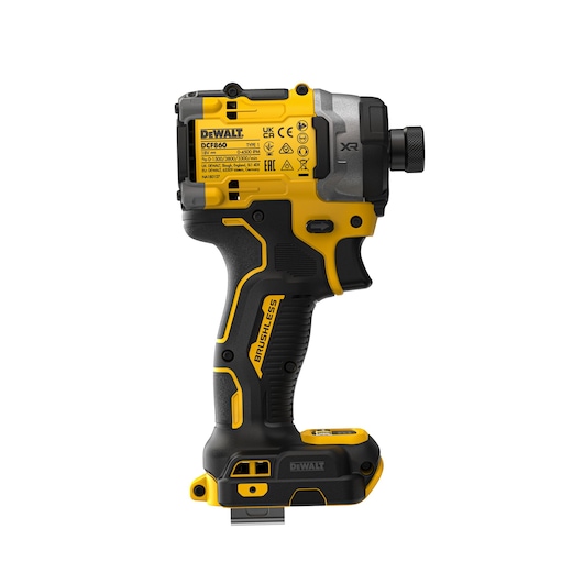 DEWALT DCF860NT cordless impact driver with brushless motor, shown in side view on a white background.