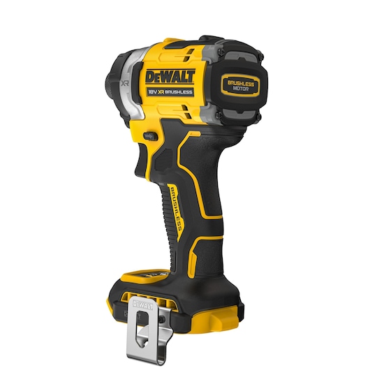 DEWALT DCF860NT 18V cordless brushless impact driver in yellow and black, shown standing upright.
