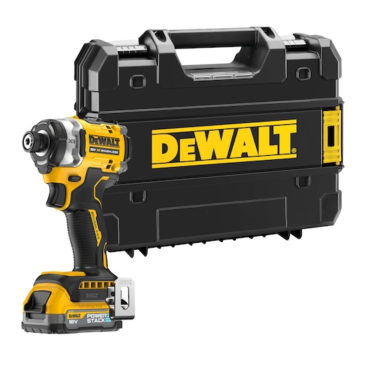 DEWALT cordless impact driver with a black carry case, both featuring yellow branding.