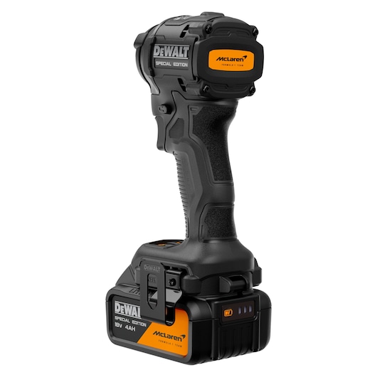 DEWALT Special Edition cordless tool in black with McLaren branding, 18V 4AH battery, upright view.