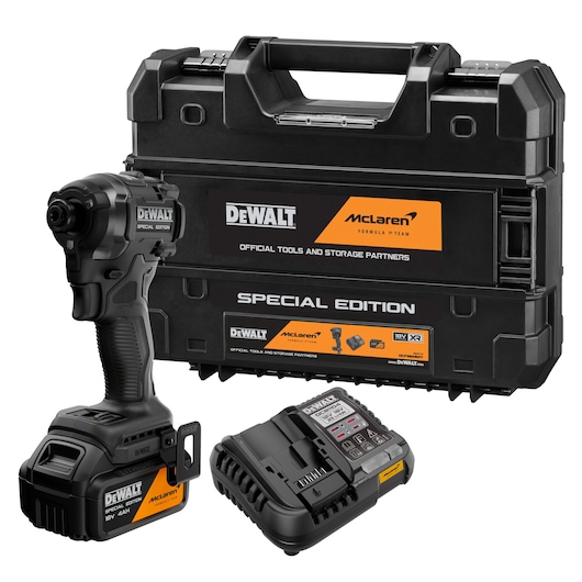 DEWALT McLaren Special Edition tool set with impact driver, battery, charger, and carrying case.