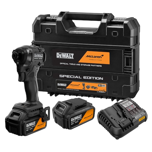 DEWALT McLaren special edition toolkit with drill, two batteries, charger, and carrying case shown.