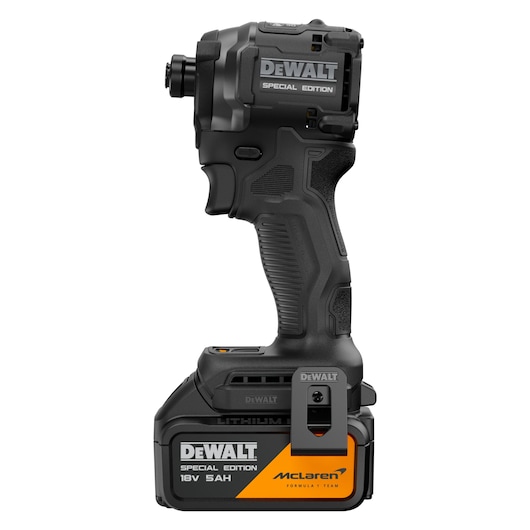 DEWALT Special Edition cordless impact driver with McLaren branding and 18V 5AH lithium battery.