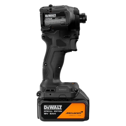 DEWALT cordless impact driver, 18V, 5AH, McLaren special edition, black and orange, side view.