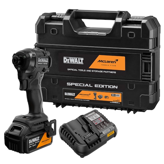 DEWALT special edition tool set with drill, battery, charger, and McLaren-branded carrying case.
